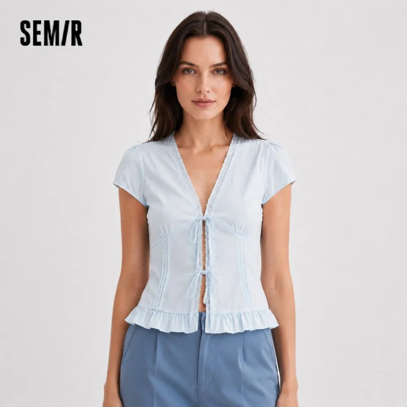 Semir Women Shirt Short Length V Neck Bow Cotton Slim Fit Sweet Cute Casual Top 2026 Summer Fashion Daily Wear