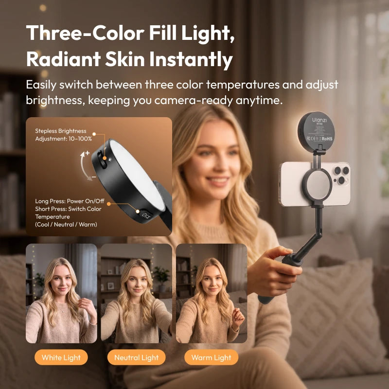 ដំបងថតរូប Ulanzi MT40 Mini Selfie Stick ជាមួយភ្លើងបំពេញពណ៌ពីរពណ៌ សម្រាប់ទូរសព្ទ Iphone Samsung Xiaomi Magsafe Tripod ទ្រេតបាន 180 ដឺក្រេ សម្រាប់ Vlog Live