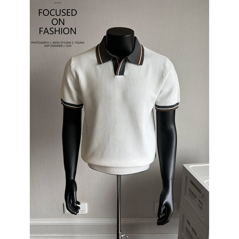 Men's Contrast Collar Polo, Old Money Style Knit Shirt,Stretchable, Breathable, Everyday Commuter Knitted Pullover.