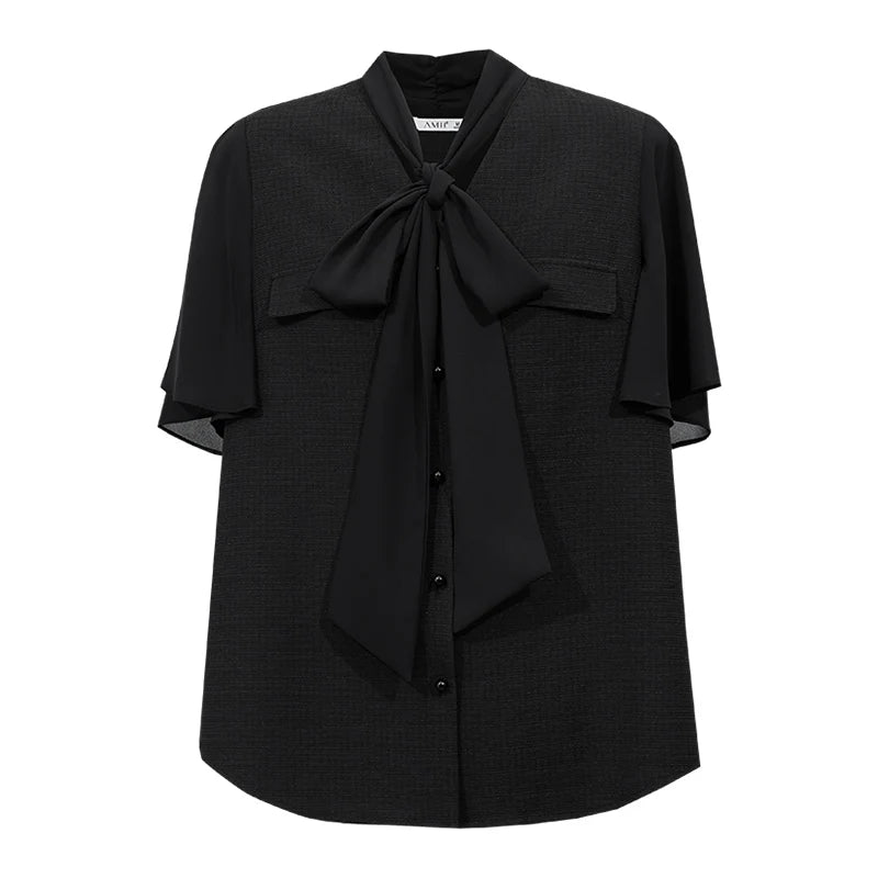 Amii Women's Chiffon Blouse 2026 Summer New Tie Neck Flutter Sleeve Acetate Top Elegant Casual Patchwork Blouse Female 12652043