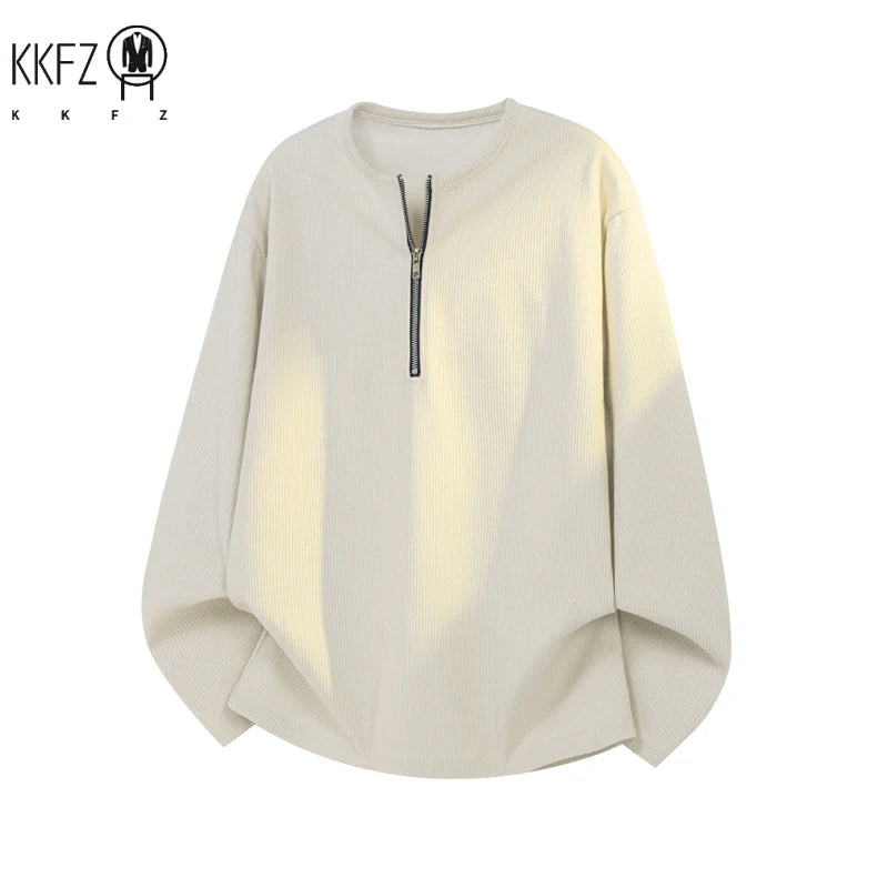 Mens Vertical Rib Corduroy Half Zip Long Sleeve Top Crew Neck Oversized Silhouette For Daily Street And Travel Wear
