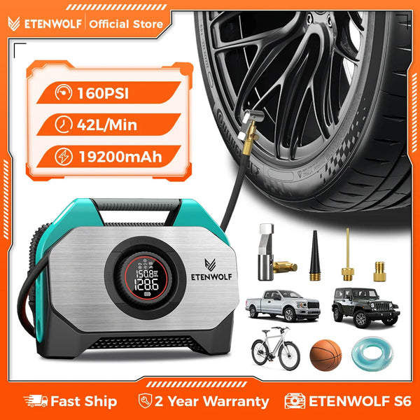 ម៉ាស៊ីនបូមខ្យល់កង់រថយន្ត ETENWOLF S6 ថ្មី ដែលអាចបំប៉ោងខ្យល់បាន 100% វដ្តការងារ និងស៊ីឡាំងពីរ ម៉ាស៊ីនបង្ហាប់ខ្យល់ 19200 mAh ម៉ាស៊ីនបូមខ្យល់កង់រថយន្ត