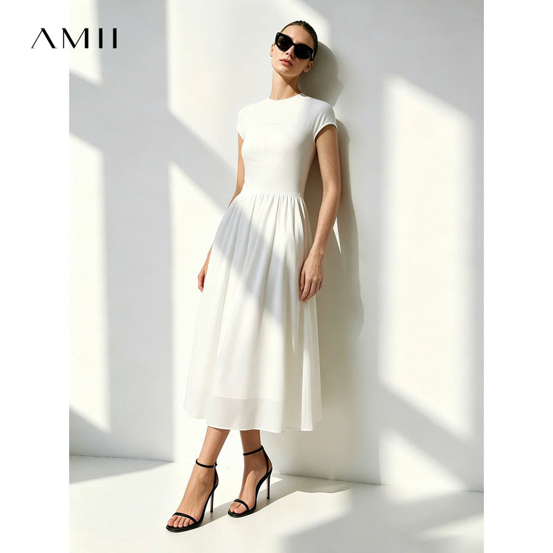 Amii Women's Casual Dresses 2026 Summer New Round Neck Chiffon Patchwork Midi Dress Office Short Sleeve Female Clothing 12622073
