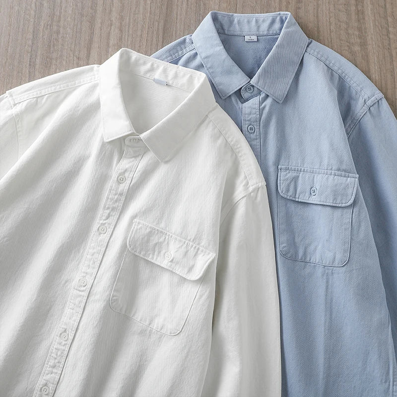 Dukeen Shirts for Men Spring and Autumn Pockets Cotton Solid Color White Plain Shirt Long-Sleeved Tops Mens Clothing
