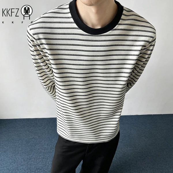 Mens Crew Neck Long Sleeve Knit Tee Horizontal Striped Waffle Pattern Loose Fit For Daily And Casual Occasions