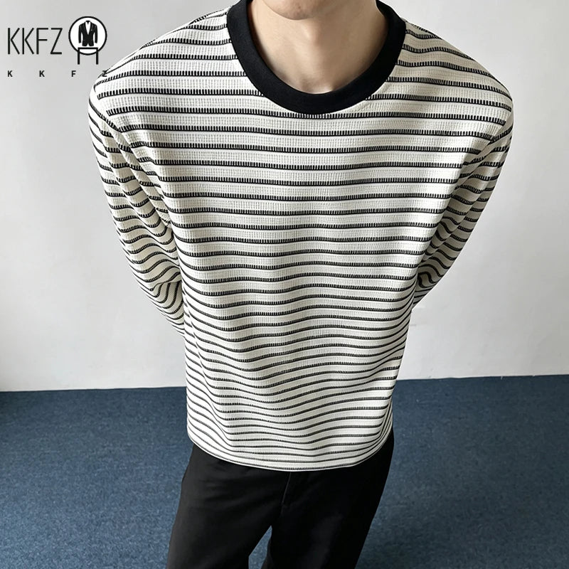 Mens Everyday Crew Neck Top Long Sleeve Horizontal Striped Waffle Texture Soft Comfortable Casual Daily Apparel