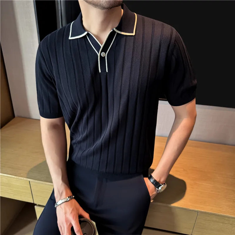Men's Polo Shirt, Lyocell Linen Blend, Striped V-Neck Short Sleeve, Knitted T-Shirt, Casual Wear Premium Quality, Summer Fashion