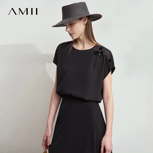 Amii Women Minimalist Blouse 2026 Summer New Solid Color O-Neck Elegant Chiffon Tops Loose Short Sleeves Flower Blouse 12512026