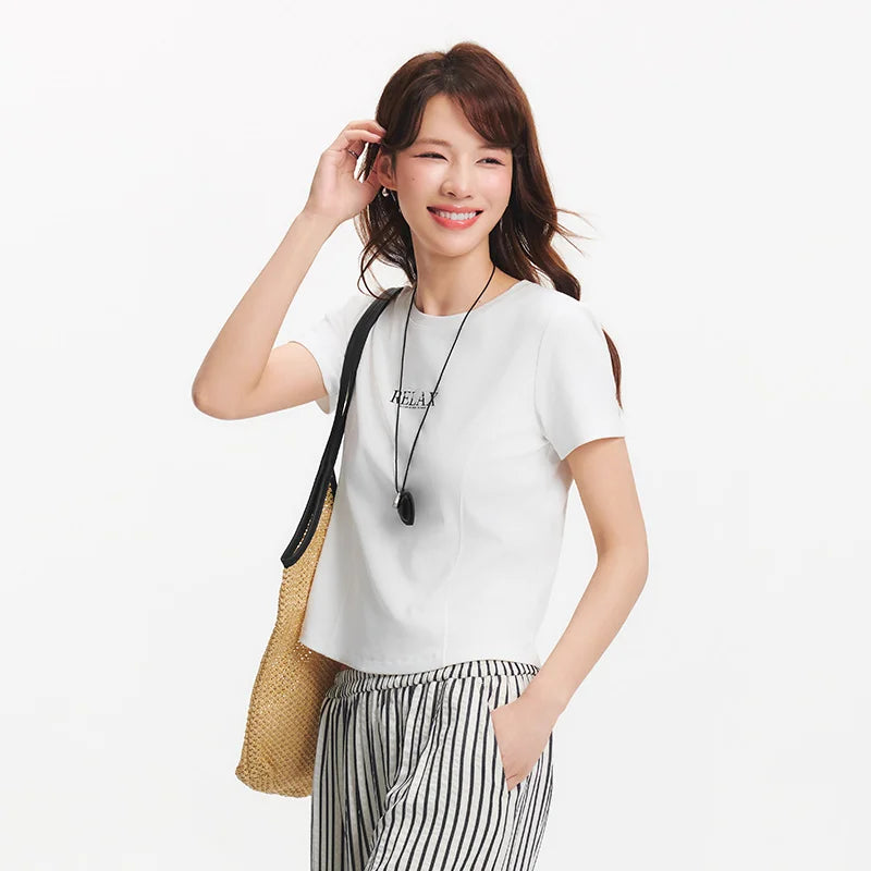 Semir Womens Tshirt 2026 Short Style Letter Split Slim Embroidered Regular Shoulder Slim Fit Casual Soft Daily Wear