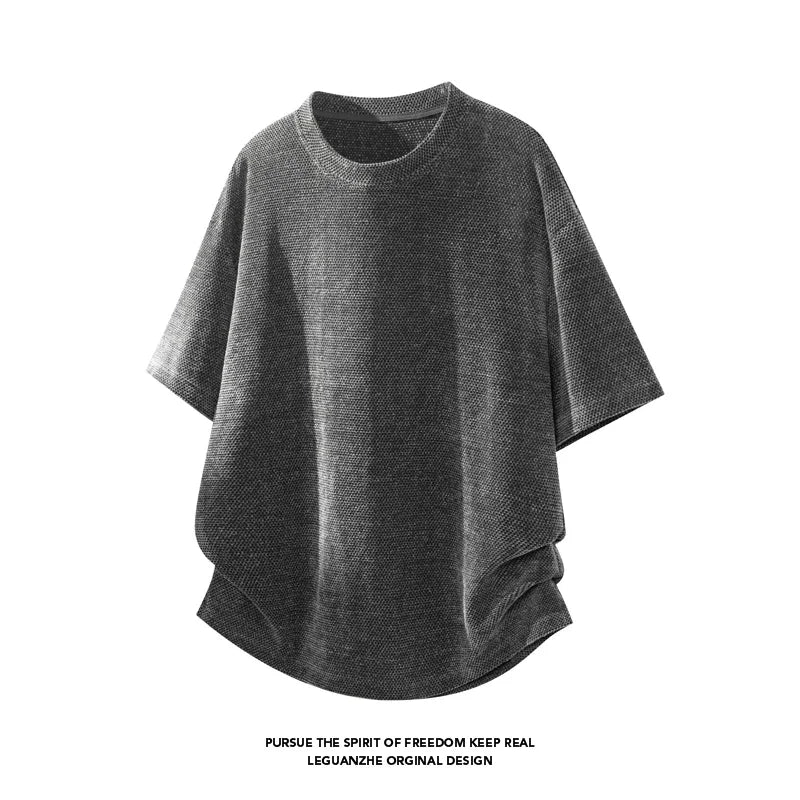 Men Crew Neck Waffle Knit Short Sleeve T Shirt Curved Hem Hemline Oversized Silhouette For Summer Street Casual Daily Wear