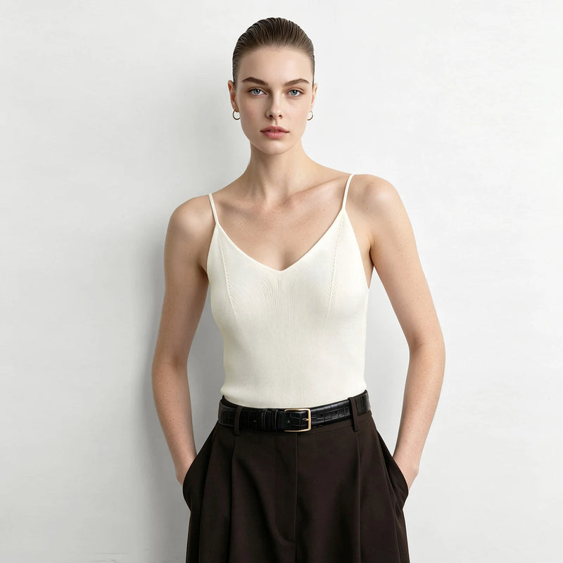 Amii Minimalist Autumn New Vests Icy Linen Fabric Ribbed Strap Vest Women V Neck Slim Fit Versatile Basic Knit Tops 12653034
