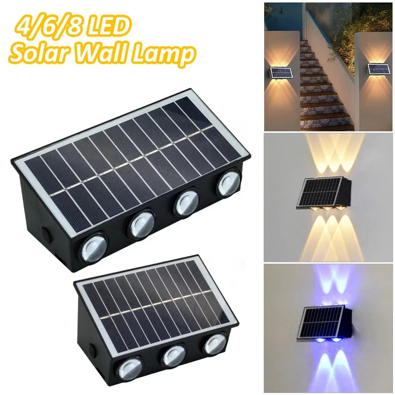 ចង្កៀងជញ្ជាំង LED ដើរដោយថាមពលព្រះអាទិត្យ ៤/៦/៨LED ភ្លើងរានហាលការពារទឹកខាងក្រៅ ភ្លើងបំភ្លឺខាងលើខាងក្រោម ភ្លើងបំភ្លឺផ្លូវដើរដោយថាមពលព្រះអាទិត្យសម្រាប់សួនច្បារយ៉រ