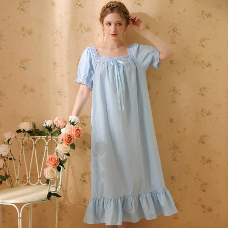 Princess Women Sleepwear One Piece Dress Summer Short Sleeve Pure Cotton Pajamas Dress Night Wear For Ladies Women's Nightgown