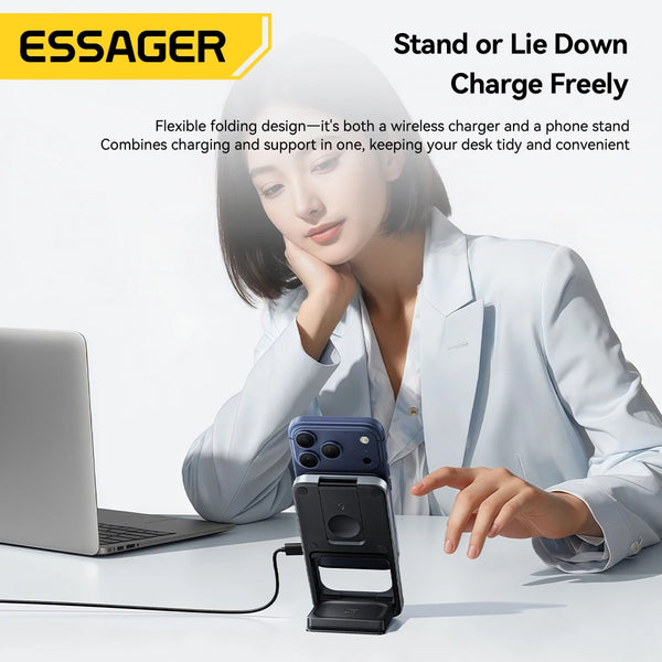 ESSAGER 15W 3-in-1 ស្ថានីយសាកថ្មឥតខ្សែម៉ាញេទិក អាចបត់បាន សម្រាប់ iPhone AirPods នាឡិកា ជើងទ្រទូរស័ព្ទ ឆ្នាំងសាកលឿន