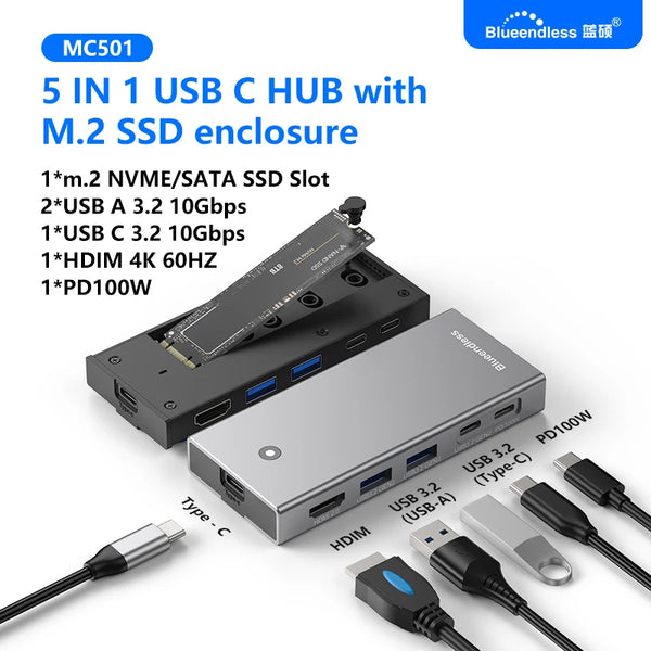 ប្រអប់ Blueendless M2 Sata/NVMe SSD Enclosure USB C Hub ស្ថានីយ៍ចតកុំព្យូទ័រយួរដៃ 4K 60Hz HDMI-Com USB3.2 10Gbps PD100W ប្រអប់ SD/TF SSD