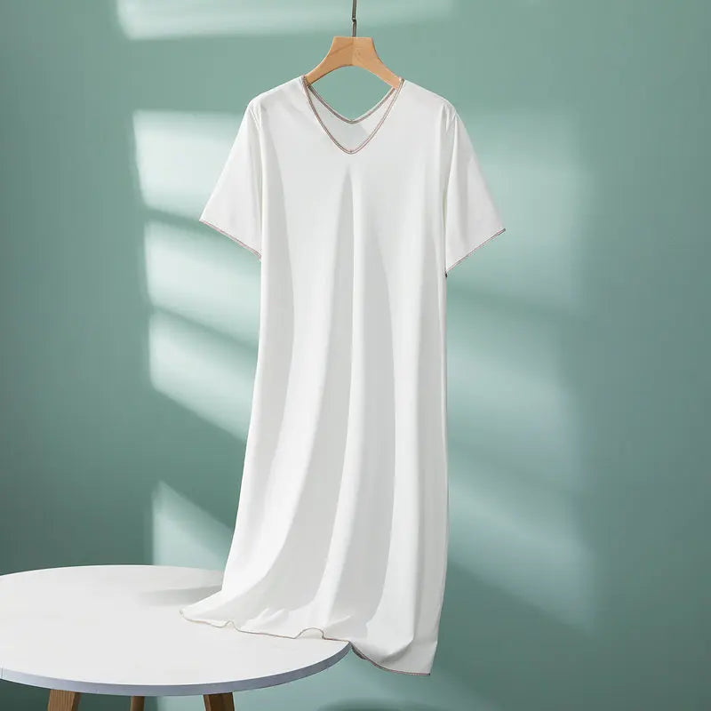 2026 New Modal Double V-Neck Nightdress Women's Large Size Housewear Short Sleeve Long Dress Casual Ladies Sleepwear Nightgowns