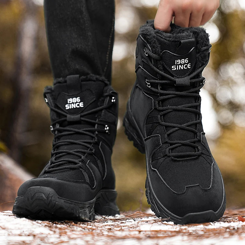 Men's Hiking Boots Winter New Warm Plush Anti-Slip High-Top Cotton Boots Soft Sole Comfortable Outdoor Sports Walking Tide Boots