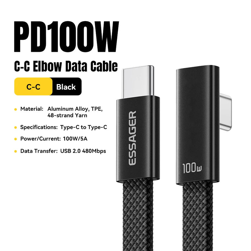 ខ្សែសាក Essager Elbowed 100W USB Type C សម្រាប់ iPhone 17 16 Pro សាកលឿន Type C សម្រាប់ iPad MacBook Pro Xiaomi Samsung Huawei