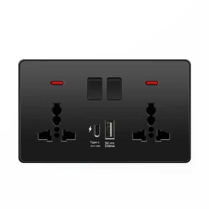 Black Universal Smart 3.1A USB C Wall Socket,UK Type-C 18W Fast Charging Plug Adapter Outlet,Dual Socket with Power Indicator