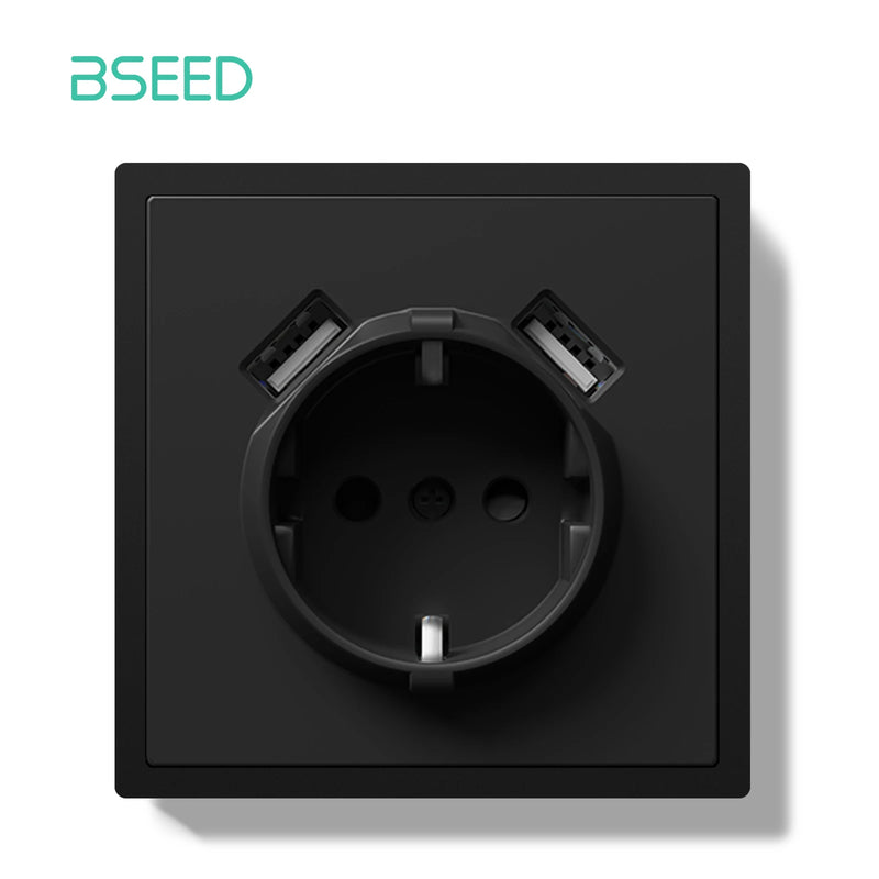 BSEED EU Standard Single Wall Socket Double USB Charge Port Wall Power Outlets Electric Plugs White Black Plastic Frame 16A