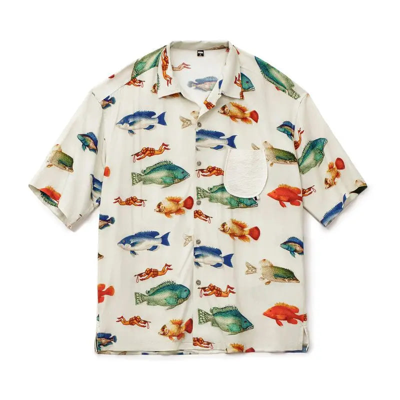 អាវយឺតបុរស Maden បែប Retro Hawaiian Fish Print Coloured Collar Shirt អាវដៃខ្លីរលុងស្រាលសម្រាប់រដូវក្តៅ អាវឆ្នេរខ្សាច់ កអាវគុយបា