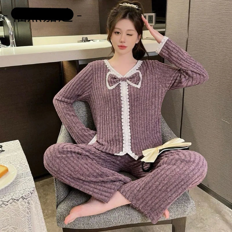XL-6XL Korean Plush Fleece Women's Pajamas Set New Lounge Wear Spring Autumn Sleepwear For Sleeping Suit Home Wear Pijama