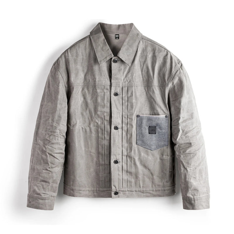 Maden Men's Vintage Oil Waxed Jacket V Waterproof Hunting Coat Double Pleats Grey Canvas Outwear with Patch Pockets for Autumn