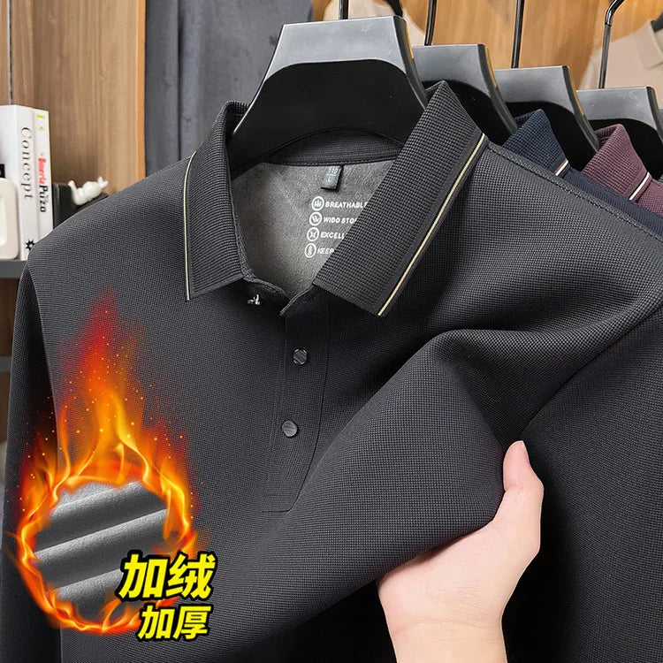 Men's Fleece-Lined Waffle Knit Polo, Vertical Stripe Collar Seamless Design, Anti-Wrinkle Technology