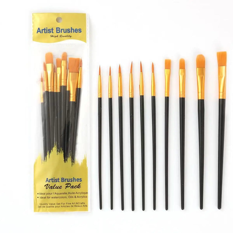 10 Pcs Nylon Hair Paint Brushes Set, Pearl Plastic Handle Watercolor Oil Acrylic Painting Brush for Students Beginners