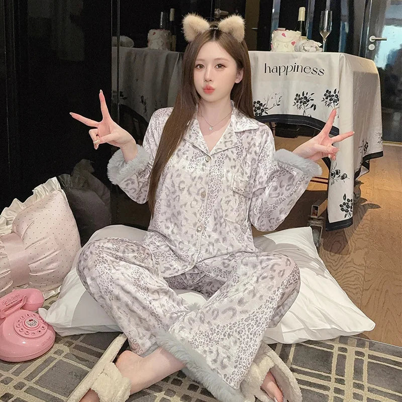 High Quality Gold Velvet Pajamas Women's Sleepwear Set 2026 Spring Autumn New Korean Plus Size Home Clothes Fleece Pijama Mujer