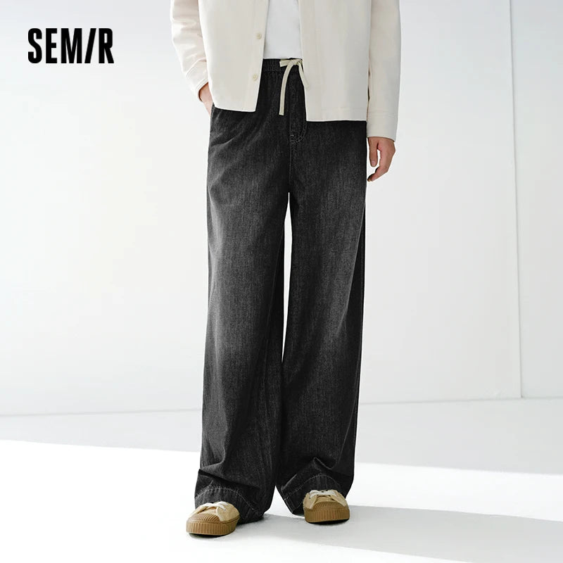 Semir Versatile Jeans Men 2026 Spring Loose Wide Leg Elastic Waist Basic Casual Comfortable Daily Wear Trousers