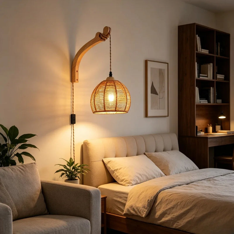 Plug in Wall Lamp Farmhouse Wicker Wall Light Plug in Hand Woven Rattan Sconce Rustic Wall Lighting for Living Room Bedroom