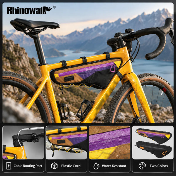 កាបូបដាក់ស៊ុមកង់ Rhinowalk ជាមួយនឹងរន្ធខ្សែពួរ ខ្សែយឺតសម្រាប់ស្ពាយស្មា កាបូបដាក់កង់រាងត្រីកោណសម្រាប់កង់ផ្លូវ MTB