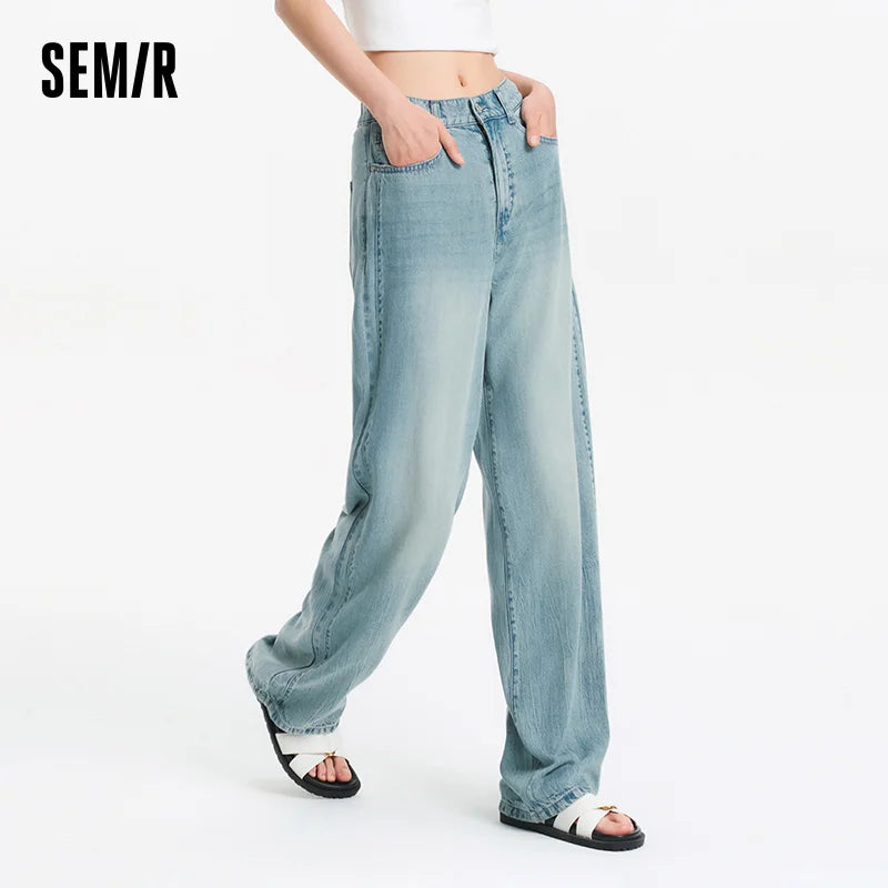 Semir Women Pants Denim Half Elastic Waist Slit Floor Length Comfort Slim Fit Cool Wide Leg 2026 Summer Casual Fashion Top