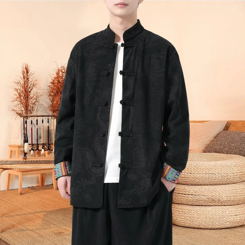 Retro-style Men's Black Long-sleeve Jacket with Chinese Dragon Motif, Single-breasted Stand-up Collar Coat.pink,Red,Apricot Top.