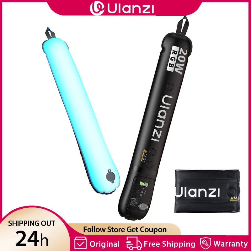 ភ្លើងបំពង់ខ្យល់ម៉ាញេទិក Ulanzi UA20C 20W RGB ភ្លើងវីដេអូបត់បាន 1800-10000K CRI 95+ ពន្លឺពេញសម្រាប់ការថតរូបផ្សាយផ្ទាល់
