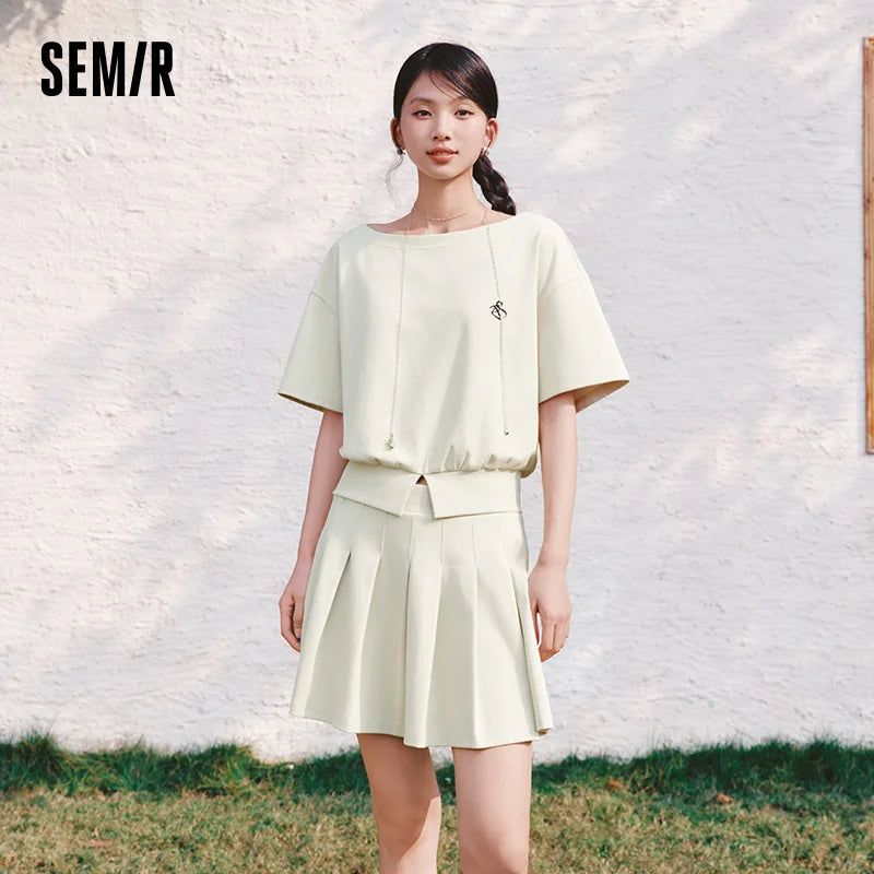 Semir Women Set Short Length Pleated Skirt Oblique Shoulder Slit Top Embroidered Sexy 2026 Summer Casual Fashion Top