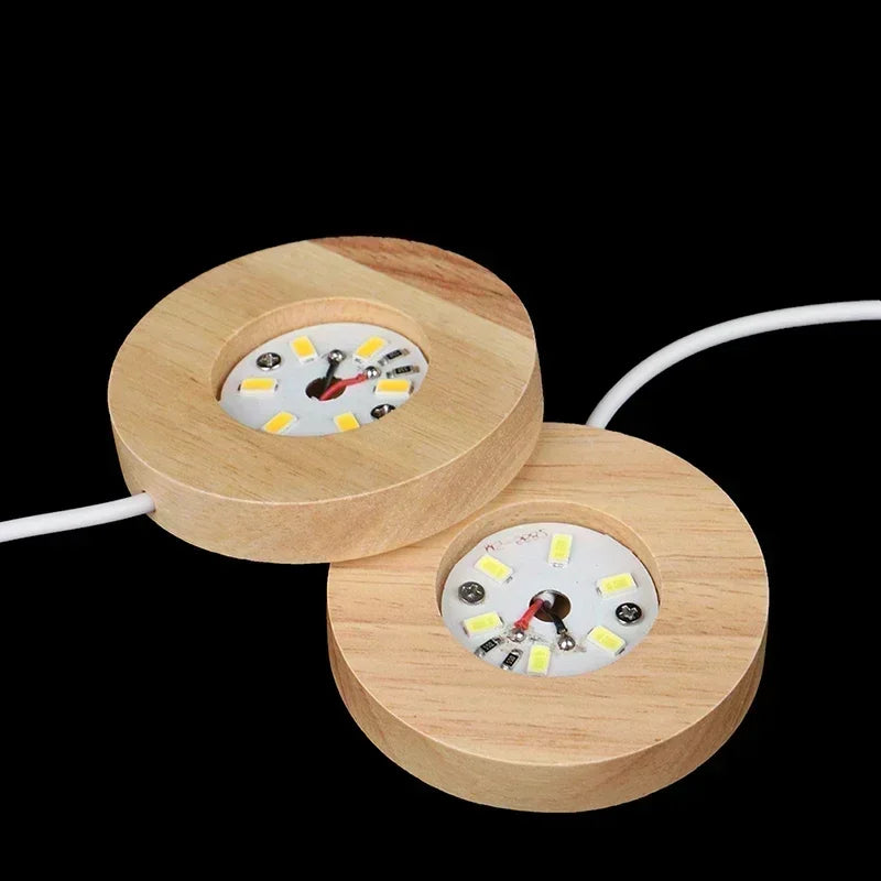 6cm/8cm Round Panel Decorative Light LED Ambient Lighting USB-Powered Wooden Base Night Light Handmade DIY Decorative Lamp