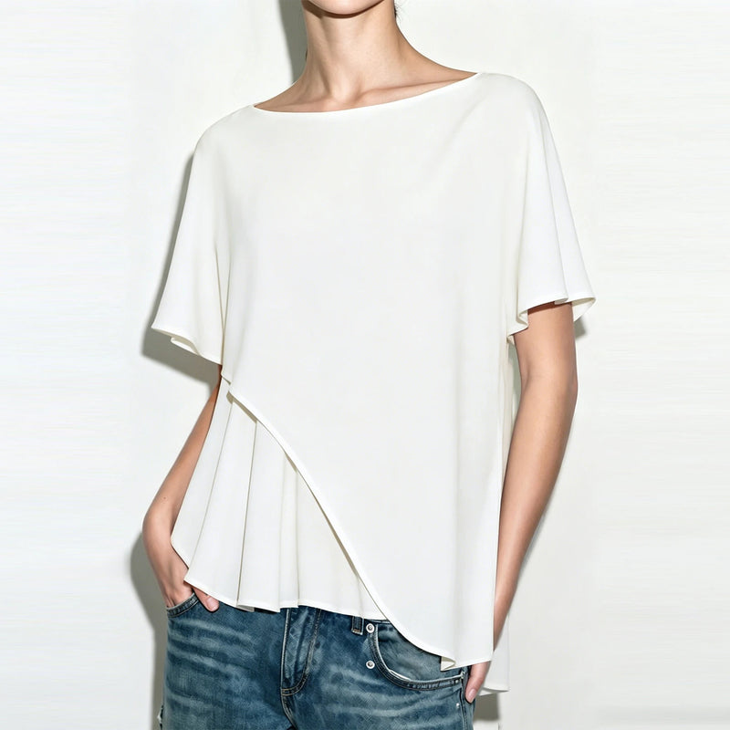 Amii Women's Chiffon Blouse 2026 Summer New O-Neck Asymmetric Patchwork Dolman Sleeve Top Loose Fit Office Casual Shirt 12622212