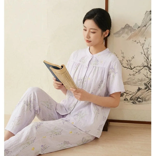 100% Cotton Women's Home Clothes Short Sleeve Sleepwear Summer Suit Pajamas for Woman Floral 2 Piece Set Night Wear for Ladies