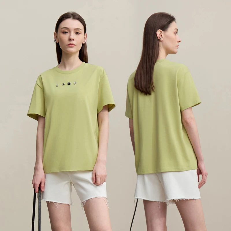 Amii Women's T-Shirt 2026 Summer New Rhinestone Cotton Short Sleeve T-shirts Women O-Neck Knit Tee Top Loose Clothing 12642019