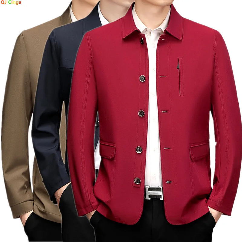 2026 New Men's Red Long-sleeve Collared Jacket, Black Single-breasted Casual Coat, Navy and Khaki Tops.