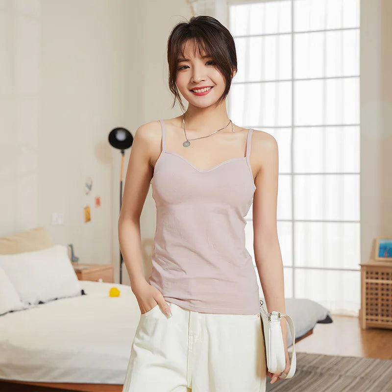 Cotton Knitted Solid Color Chest Pad Sling Top Deep V Neck Slim Bra Integrated Vest for Women One Piece Sleepwear Pajamas