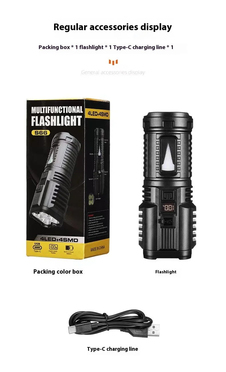ពិលភ្លើង LED 4 គ្រាប់ ជាមួយភ្លើង COB ភ្លើងបំភ្លឺភ្លឺខ្លាំង អាចសាកបានតាម USB ប្រភេទ C ពិលសម្រាប់បោះតង់ ចង្កៀងនេសាទ