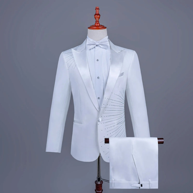 Men's Black Tuxedo Set with Diamond Embellished Jacket and Matching Trousers in White for Choirs/Stage Performances/Weddings