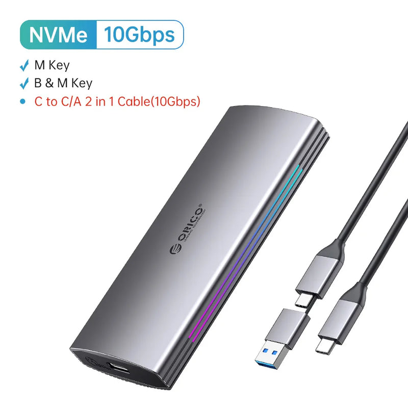 ORICO RGB 10Gbps M2 NVMe SSD Enclosure Aluminum USB3.1 Gen2 Case for M Key M&B Key Solid State Drive for Gamer Video Editing