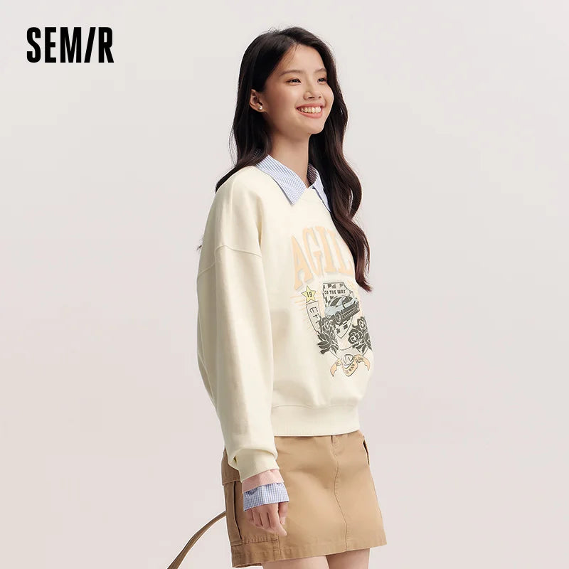 Semir Loose Hoodies Retro Graphic Women Spring Casual Fashion Comfort Soft Texture Trend Sweatershirt New 2026