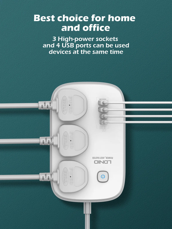 ឌុយភ្លើង LDNIO 65W មានរន្ធដោតសកលចំនួន 3 រន្ធ USB ចំនួន 4 រន្ធដោតភ្លើង ជាមួយខ្សែបន្ថែមទំហំ 2 ម៉ែត្រ ឧបករណ៍ការពារការកើនឡើង SC3416