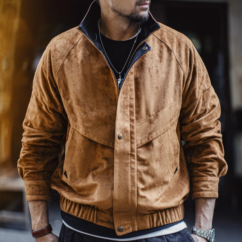 Maden Vintage Suede Coach Jacket Men's Stand Collar Cropped Safari Jacket Windproof Warm Coat for Autumn Winter Streetwear