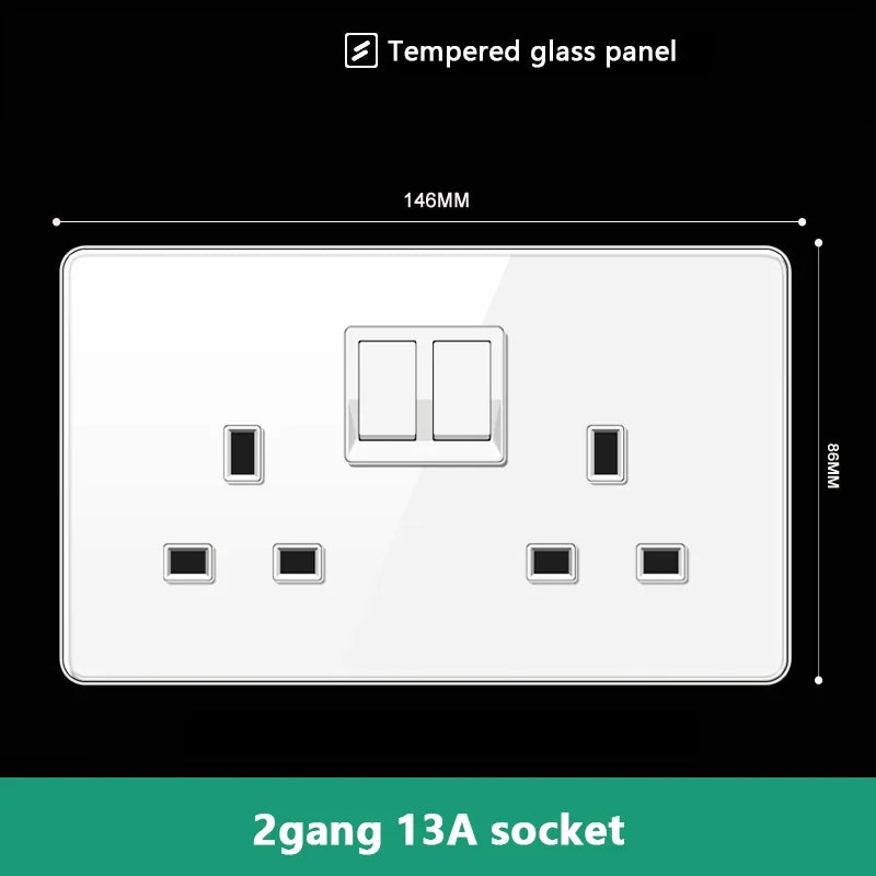 UK 13A Wall Socket with Type-C 18W Fast Charging Plug Socket,Glass Panel Power Double Universal Outlet with Quick USB C charge